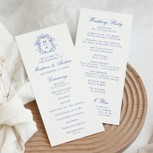 Elégant Blue Chinoiserie Crest Wedding Programme