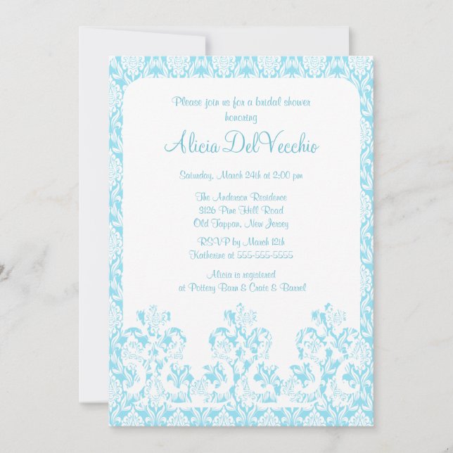 Elégant Blue Damask Bridal Shower Invitation (Devant)