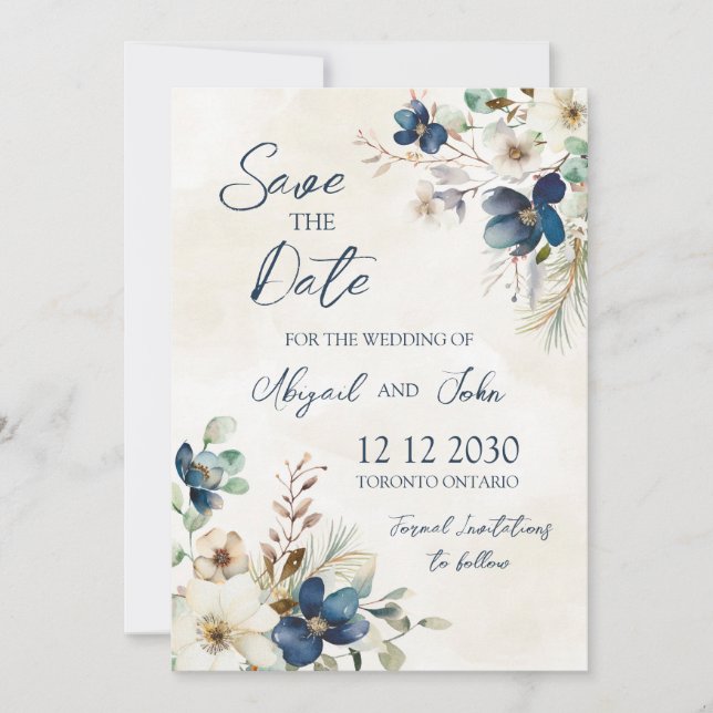 Elegant Blue Flora Winter Save the Date Card (Devant)