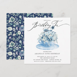 Elégant Blue Floral Anniversaire Thé Invitation