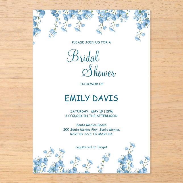 Elégant Blue Floral Bridal Shower Invitation (Recto)