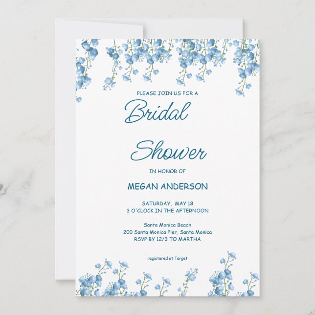 Elégant Blue Floral Bridal Shower Invitation (Devant)