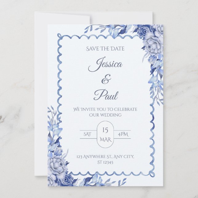 Elegant  Blue Floral Frame Wedding Invitation (Devant)