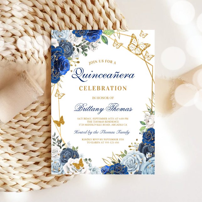 Elegant Blue Floral Quinceañera Invitation (Créateur téléchargé)