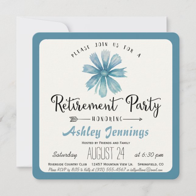 Élégant Blue Floral Retraite Party Invitation (Devant)