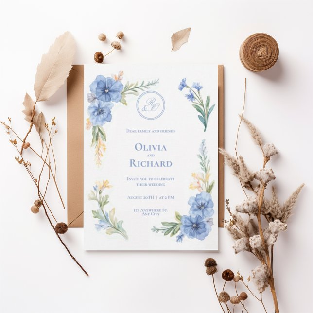 Elegant Blue Floral Watercolor Wedding Invitation (Créateur téléchargé)