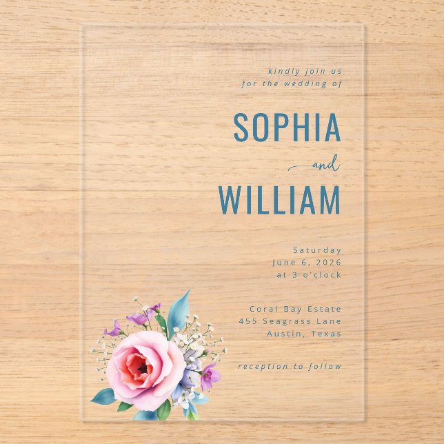 Elegant Blue Floral Wedding Invitation (Recto)