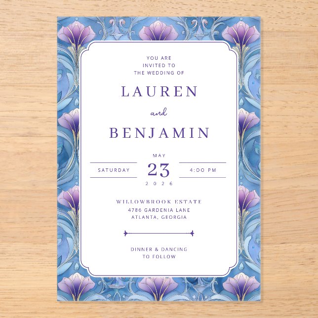 Elegant Blue Floral Wedding Invitation (Recto)