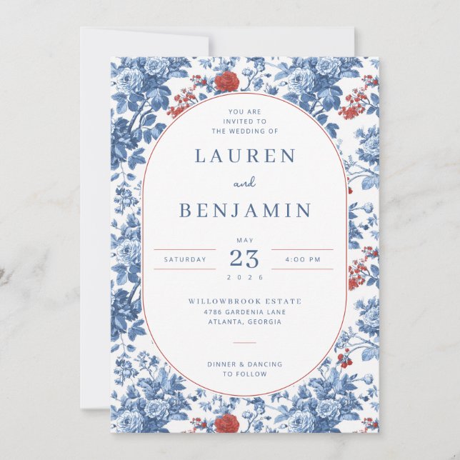 Elegant Blue Floral Wedding Invitation (Devant)
