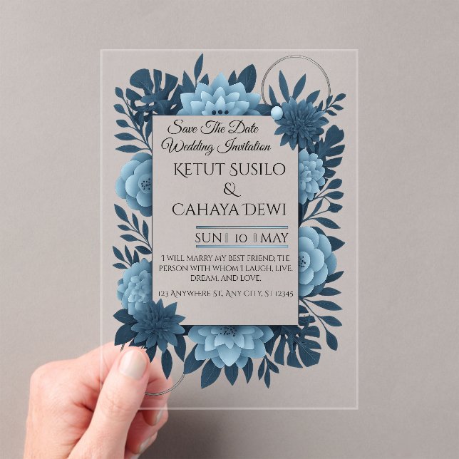  Elegant Blue Floral Wedding Invitation Template   (In situ (ordinateur de poche))