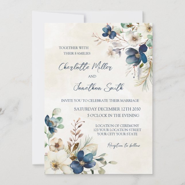 Elegant Blue Floral Winter Wedding Invitations (Devant)