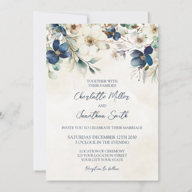 Elegant Blue Floral Winter Wedding Invitations (Devant)