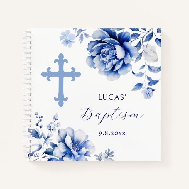 Elégant Blue Flowers Baptême Livre d'invité (Devant)