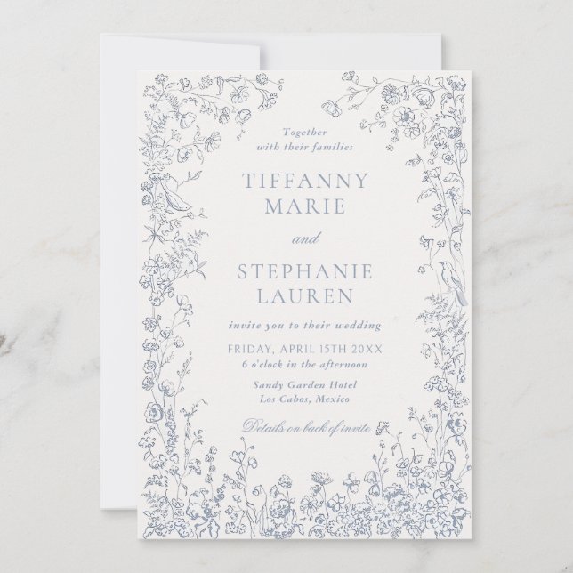 Elegant Blue French Floral Wedding Invitation (Devant)