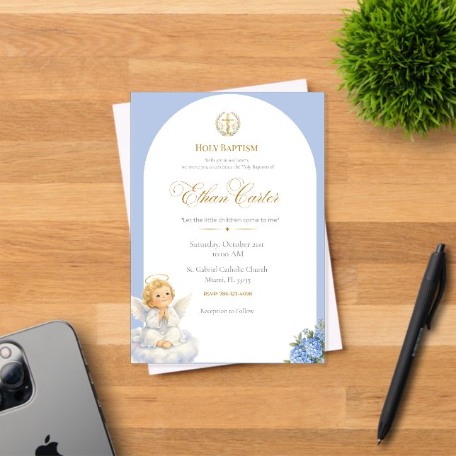 Elegant Blue & Gold Baptism invitation  (Insitu (Carte d'invitation))