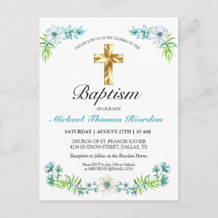 Elégant Blue Gold Cross Boy Baptism Invitation
