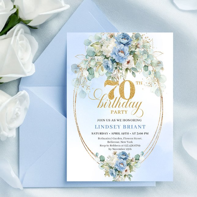 Elegant Blue Gold Floral 70th Birthday Invitation  (Elegant Blue Gold Floral 70th Birthday Invitation Set

)