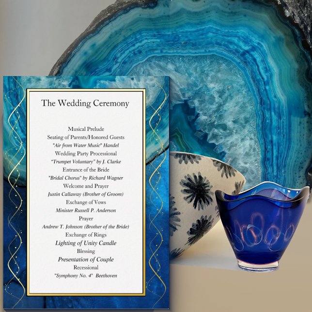 Élégant Blue & Gold Galaxy Agate Wedding Programme (Créateur téléchargé)