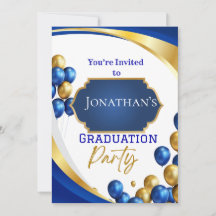 Elégant Blue & Gold Graduation Party Invitation