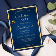 Elégant Blue & Gold Graduation Party Invitation