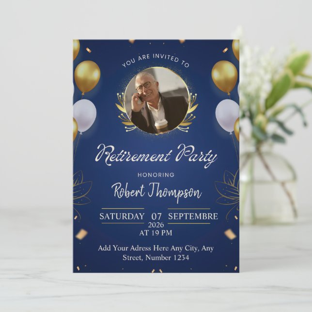 Elegant Blue Gold Retirement Party Invitation (Debout devant)