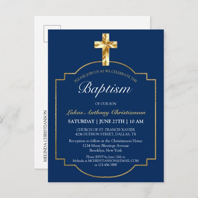 Elégant Blue Golden Cross Garys Baptism Invitation (Devant / Derrière)