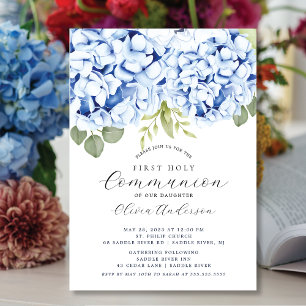 Elégant Blue Hydrangea First Communion Invitation