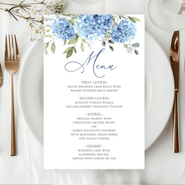 Elégant Blue Hydrangea Mariage Diner Menu (Créateur téléchargé)