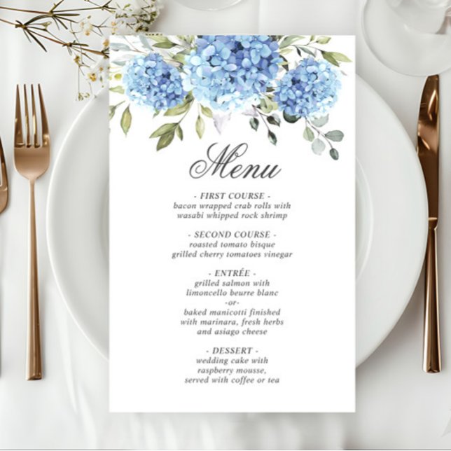 Elégant Blue Hydrangea Mariage Diner Menu (Créateur téléchargé)