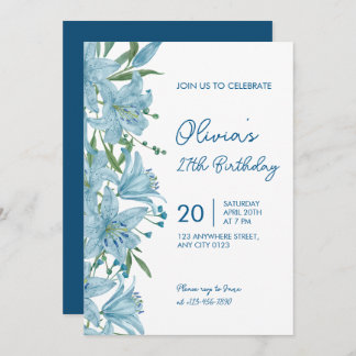 Elegant Blue Lily 27th Birthday Party Invitation