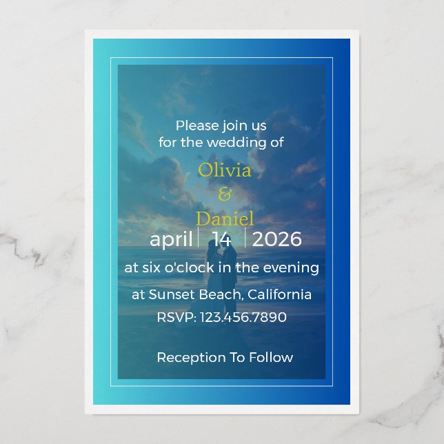 Elegant Blue Ocean Foil Wedding Invitation (Recto)