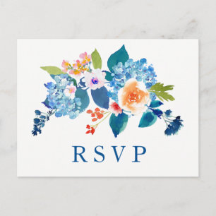Elégant Blue Peach Floral Wedding RSVP Invitation