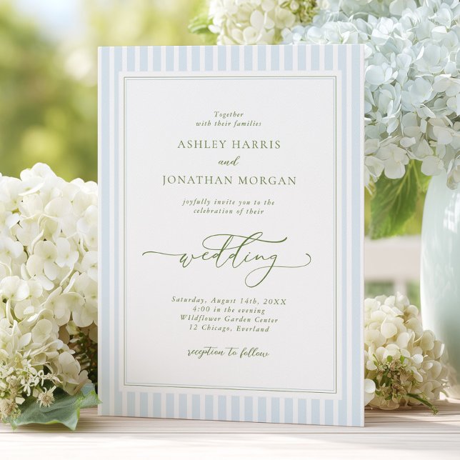 Elegant Blue & Sage Striped Wedding Invitation (Créateur téléchargé)