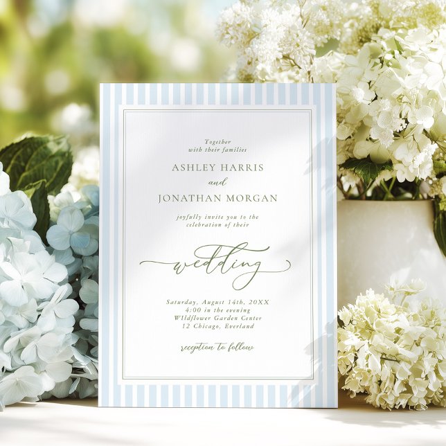 Elegant Blue & Sage Striped Wedding Invitation (Créateur téléchargé)