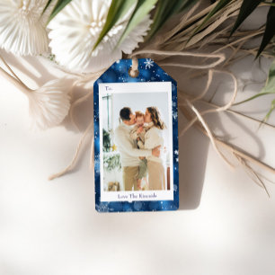 Élégant Blue Snowflake Photo Holiday étiquette cad