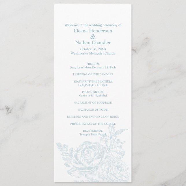 Élégant Blue White Floral Wedding Programme (Devant)
