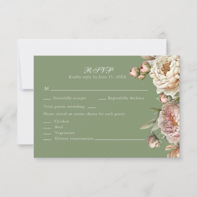 Elegant Blush and Sage Green Peonies RSVP Card (Devant)