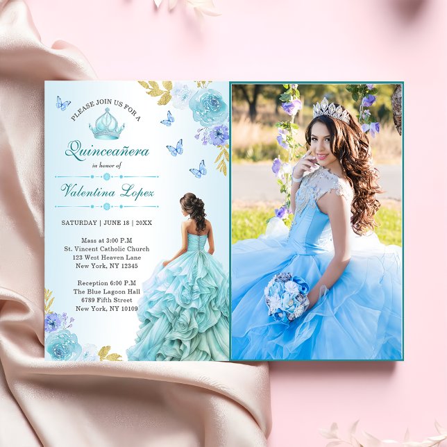 Elégant Blush Blue Floral Quinceañera Invitation (Créateur téléchargé)
