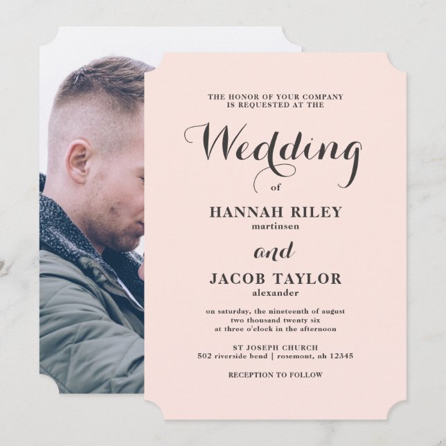 Élégant Blush et Grey Mariage Photo Invitation (Devant / Derrière)