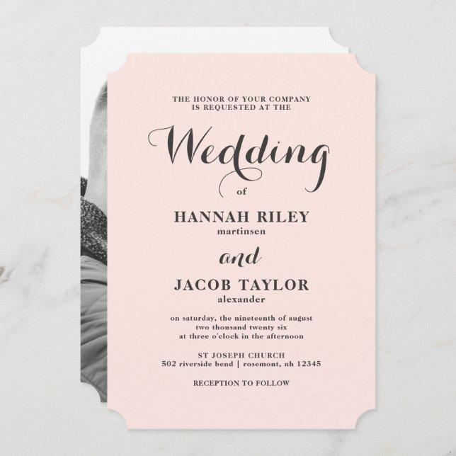 Élégant Blush et Grey Mariage Photo Invitation (Devant / Derrière)