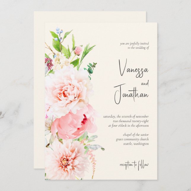 Elégant Blush et Ivory Floral Invitation (Devant / Derrière)