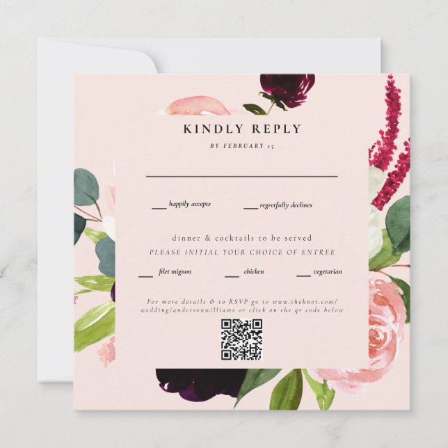 Elégant Blush Floral Carré Mariage QR Code RSVP (Devant)