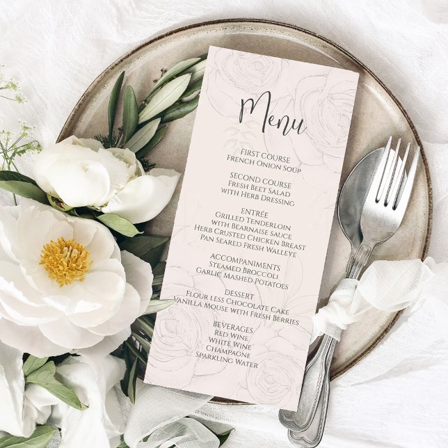 Elégant Blush Floral Greenery Menu Calligraphie (Elegant blush floral menu card with simple calligraphy and simple block-style letterings. )