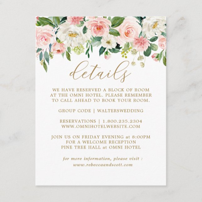 Elégant Blush Gold Floral Mariage Détails Cartes (Devant)