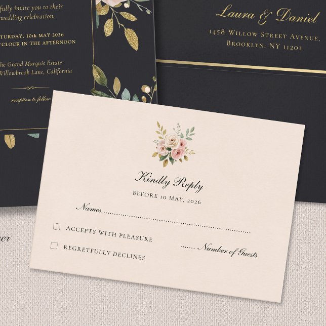 Elegant Blush Gold Floral Wedding RSVP Card (Créateur téléchargé)