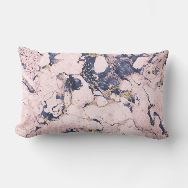 Elégant Blush Navy Gold Marble Lumbar Coussin (Recto)