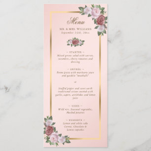 Elégant Blush Pink Gold Floral Menu Mariage