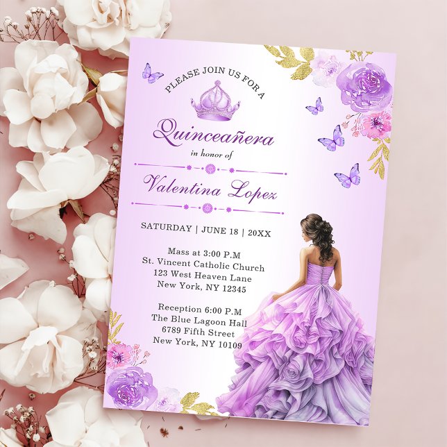 Elégant Blush Purple Floral Quinceañera Invitation (Créateur téléchargé)
