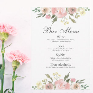 Elégant Blush Rose Floral Mariage Bar Menu Boisson