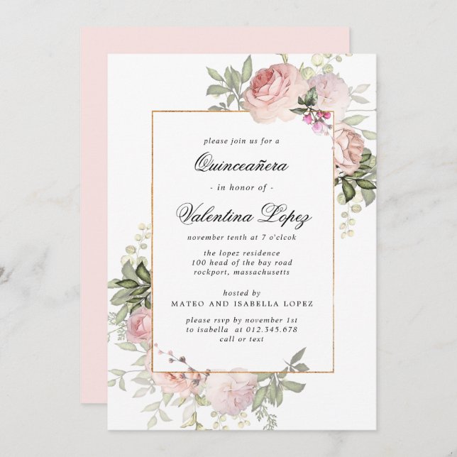 Elégant Blush rose Floral Quinceanera Invitation (Devant / Derrière)